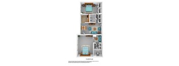 A floor plan of a small apartment with a bedroom, living room, and kitchen.