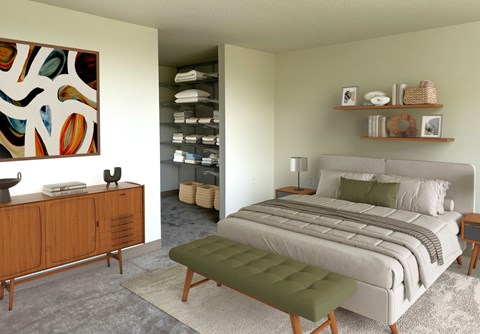 A bedroom with a large bed and a wooden cabinet.