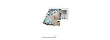 A floor plan of a small apartment with a kitchen, living room, and bedrooms.