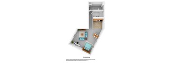 A floor plan of a small apartment with a kitchen, living room, and bedroom.