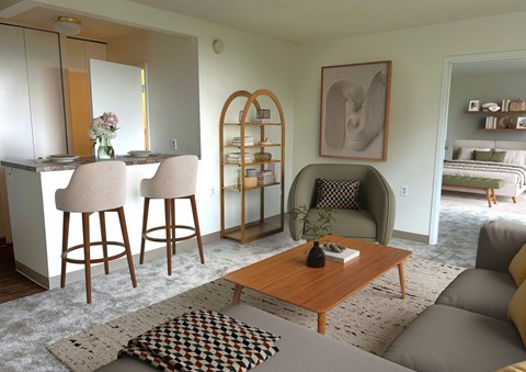 A living room with a brown wooden coffee table and a grey sofa.