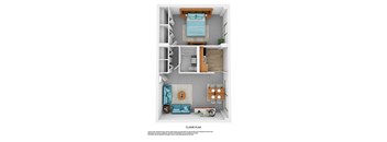 A floor plan of a small apartment with a bedroom, living room, and kitchen.