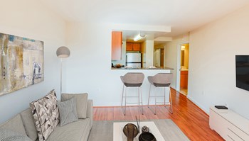 staged studio with kitchen