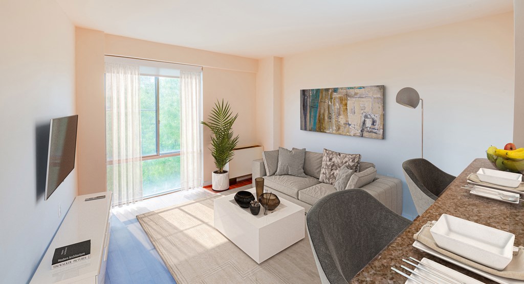 staged studio with kitchen