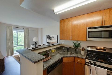 full kitchen with granite counter tops and stainless steel appliances and wood cabinets