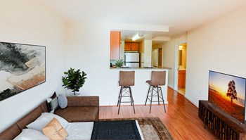 staged studio with kitchen