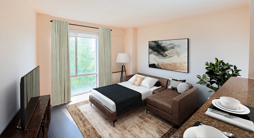 staged studio with kitchen