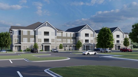 A rendering of a modern apartment complex with cars parked in the driveway.