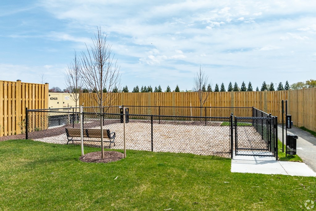 a fenced in dog park with a bench and a tree