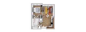 A top-down view of a modern apartment layout with a living room, kitchen, and bedroom.