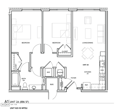 A black and white image of a floor plan for Unit 623 is MPDU.