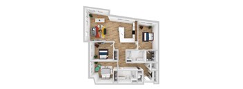 A 3D floor plan of a house showing a kitchen, living room, dining room, and bathrooms.
