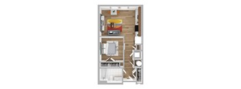 A top down view of a small apartment with a kitchen, living room and bathroom.