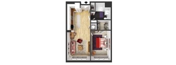 A floor plan of a house with a kitchen, living room, dining room, and bathroom.