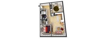 A 3D floor plan of a small apartment with a kitchen, living room, and bedroom.