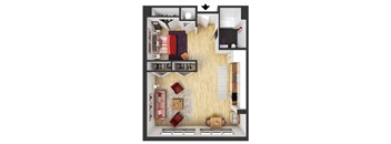 A top down view of a living room, kitchen, and dining area.