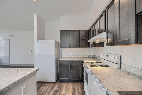 A kitchen with a white fridge and black cabinets.