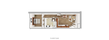 A floor plan of a house with a living room, kitchen, and bedroom.