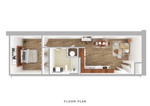 A floor plan of a house with a living room, kitchen, and bedroom.