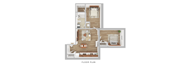 A floor plan of a two-bedroom apartment with a living room, kitchen, and bathroom.