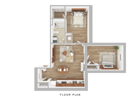 A floor plan of a two-bedroom apartment with a living room, kitchen, and bathroom.