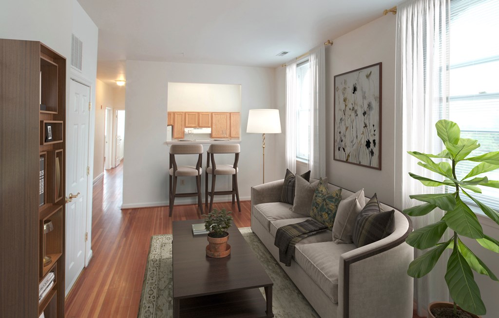 A living room with a couch, coffee table, and potted plant.