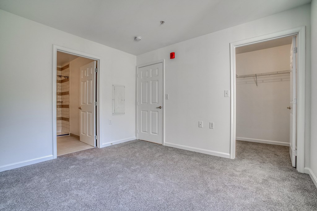 a bedroom with two closets and a door to a closet