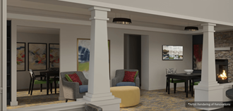 a rendering of a living room with pillars and a fireplace - Photo Gallery 3