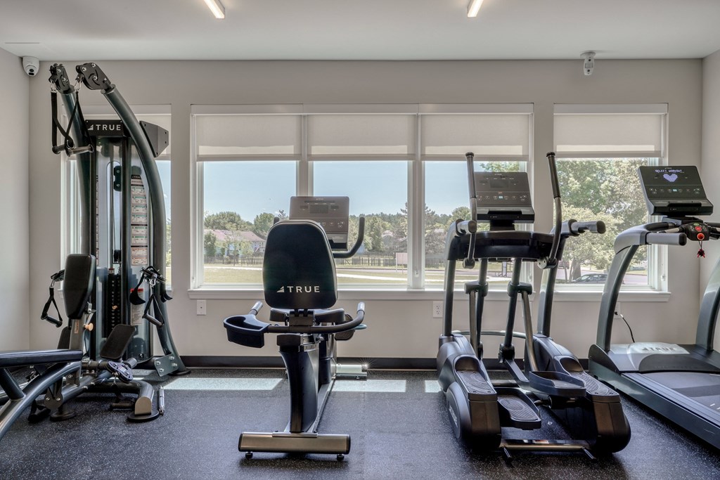 an exercise room with cardio equipment and a view of the water