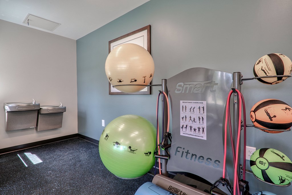 a gym with weights and a ball on the floor and a wall with a picture