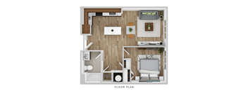 A floor plan of a small apartment with a kitchen, living room, and bathroom.