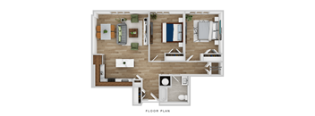 A floor plan of a house with a kitchen, living room, and bedrooms.