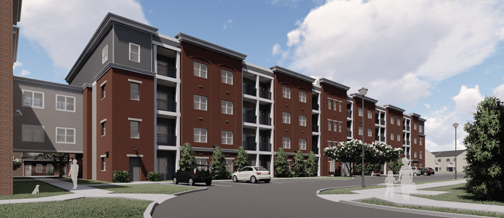 a rendering of a new apartment building on a city street