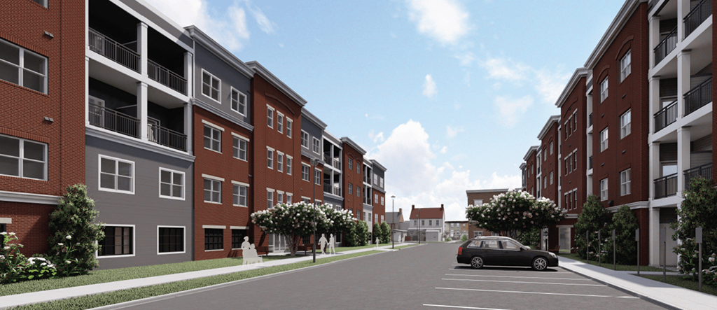 a rendering of a city street with brick apartment buildings and a car