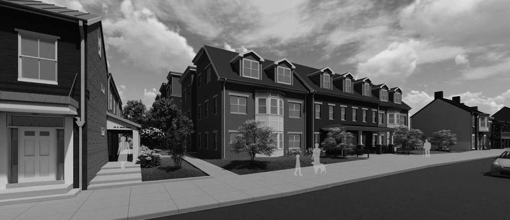 a black and white rendering of a street with houses