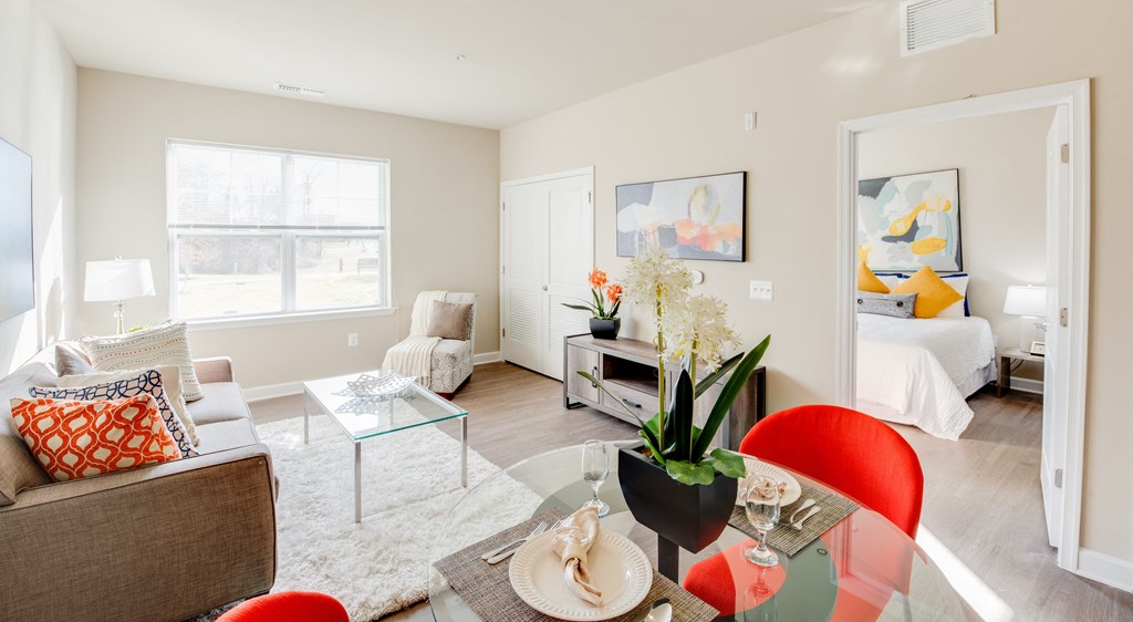 Living room with bedroom view