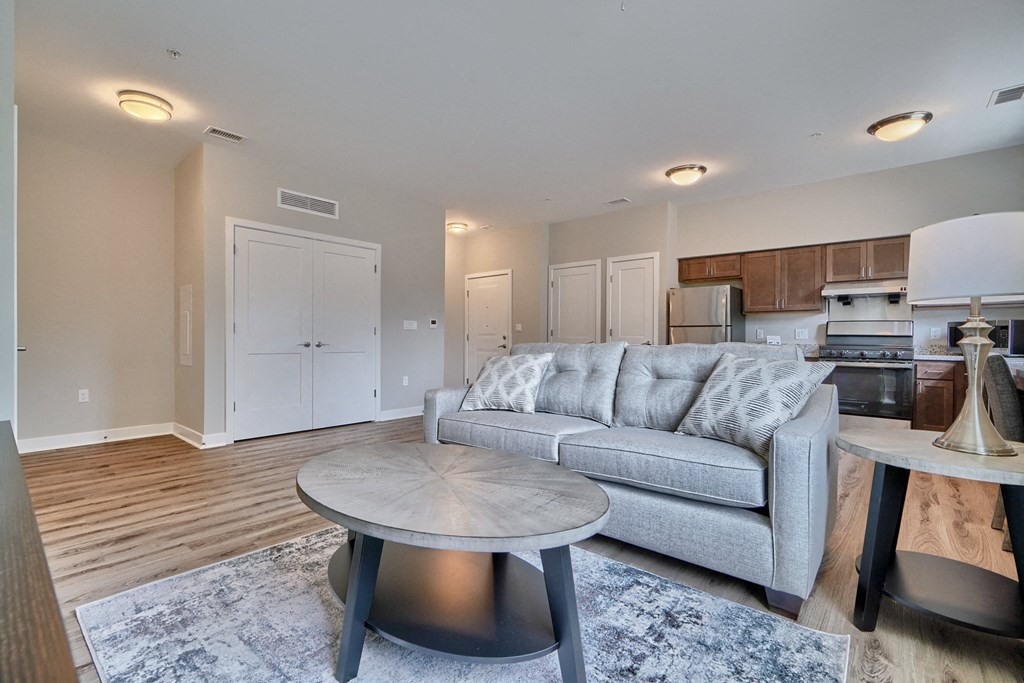 A modern living room with a grey couch and a round coffee table.