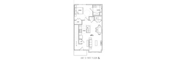 A floor plan of a unit with a kitchen, living room, dining room, bedroom, bathroom, closet, and coat closet.