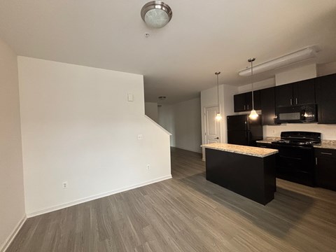 A kitchen with black cabinets and a countertop is visible.