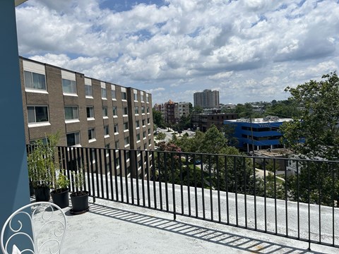 A balcony with a black railing and potted plants overlooks a cityscape.