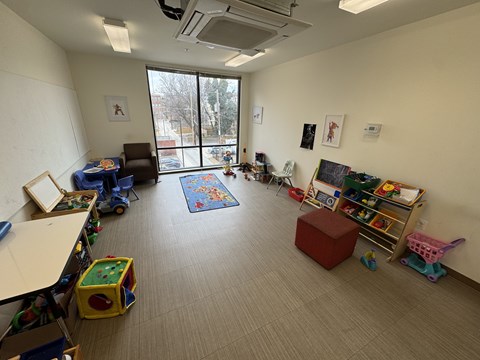 A room with a carpet and toys on the floor.