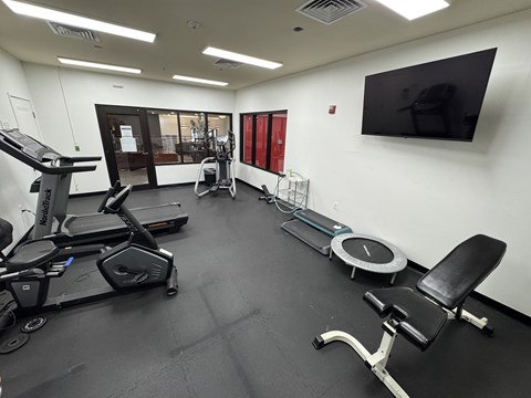 A gym with treadmills, elliptical machines, and a weight bench.