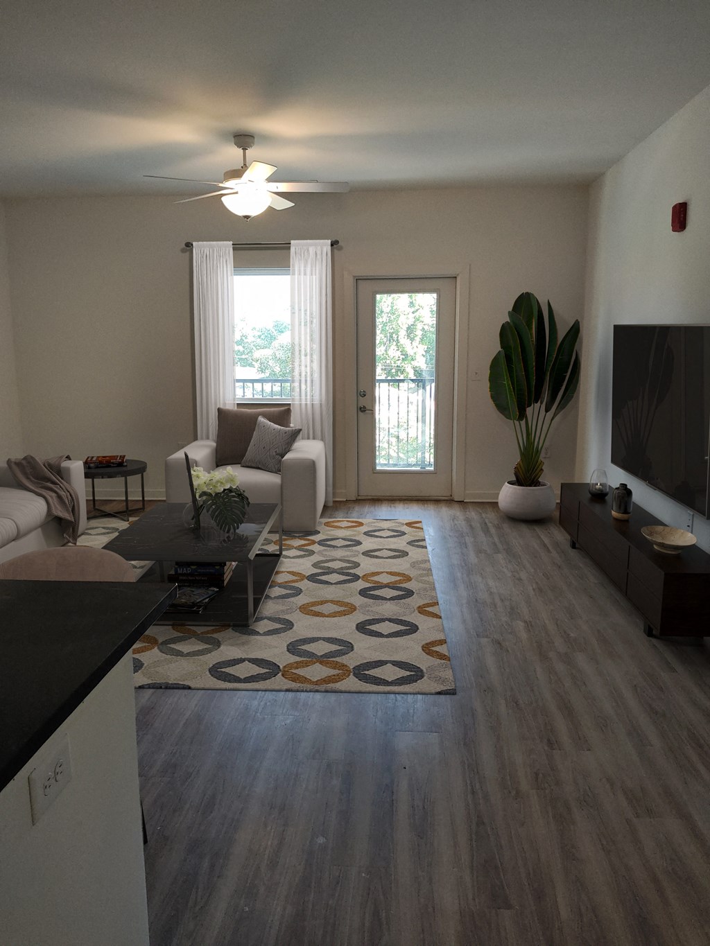 an empty living room with a rug in the middle