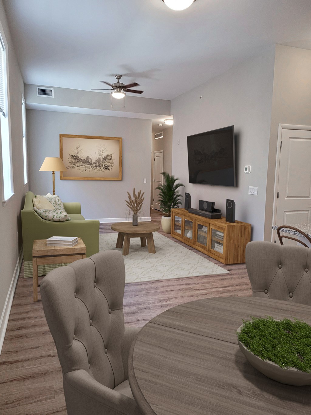 a living room with a couch and a table