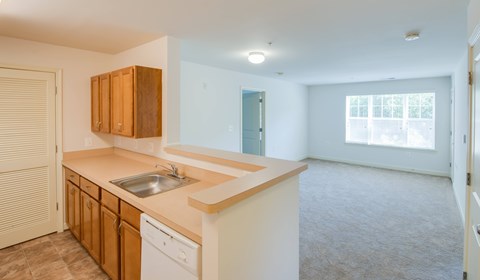 A kitchen with wooden cabinets and a white dishwasher.