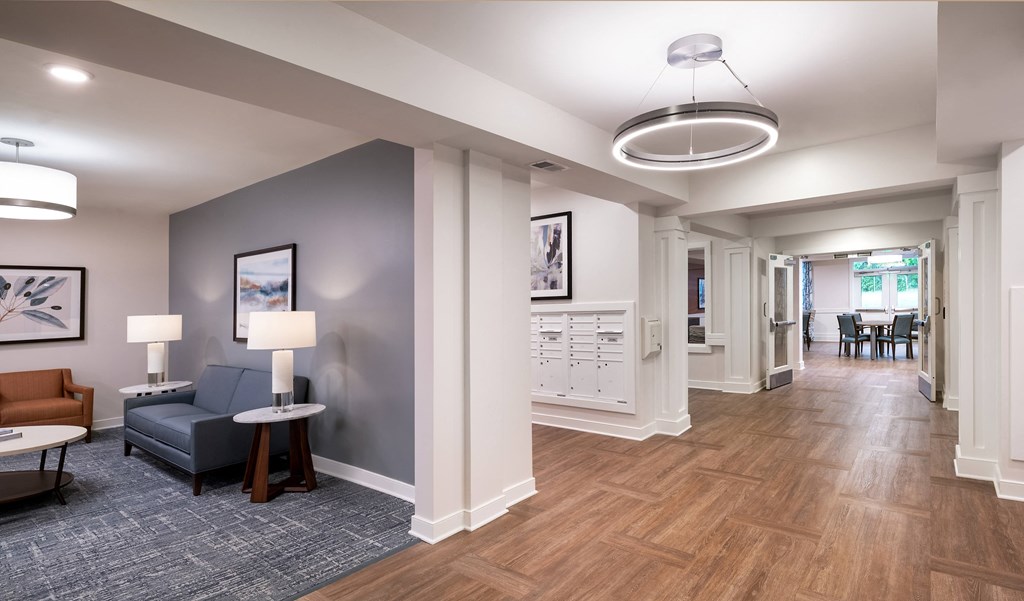a living room with a couch and a table