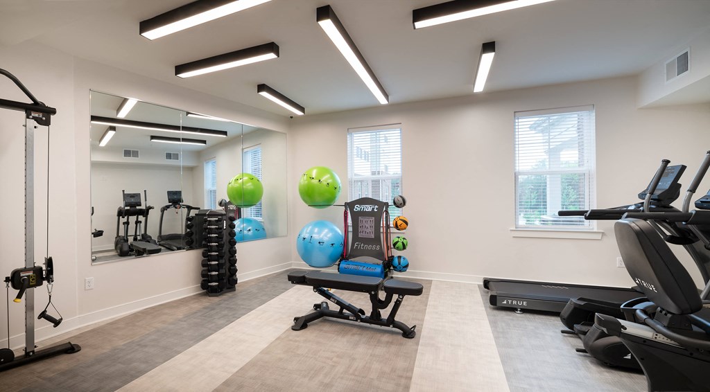 a gym with exercise equipment and mirrors at the preserve at greatstone