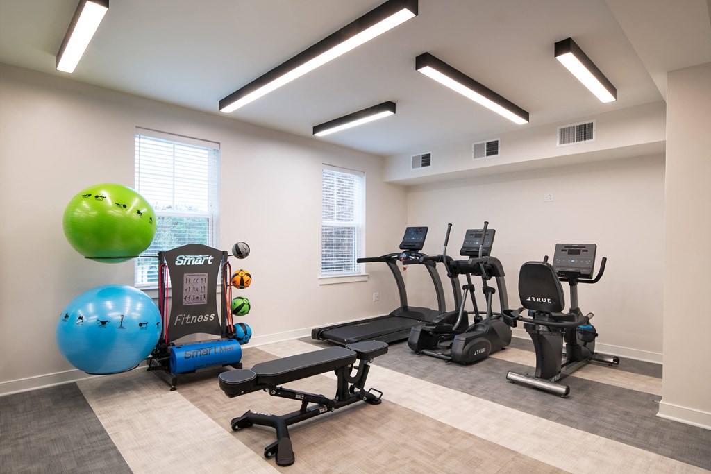 a gym with cardio equipment and weights at the preserve apartments