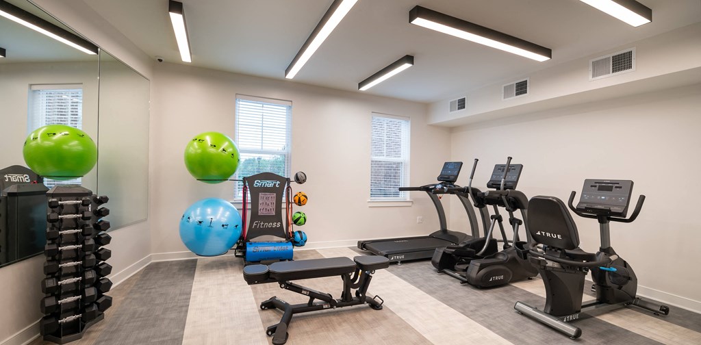 a gym with cardio equipment and weights at the preserve apartments