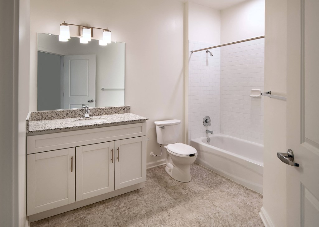 a bathroom with a shower toilet and sink and a mirror